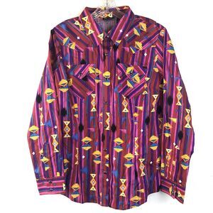 Wrangler Retro Shirt Women Sz L Colorful Geometric Long Sleeve Western Pearl Sna
